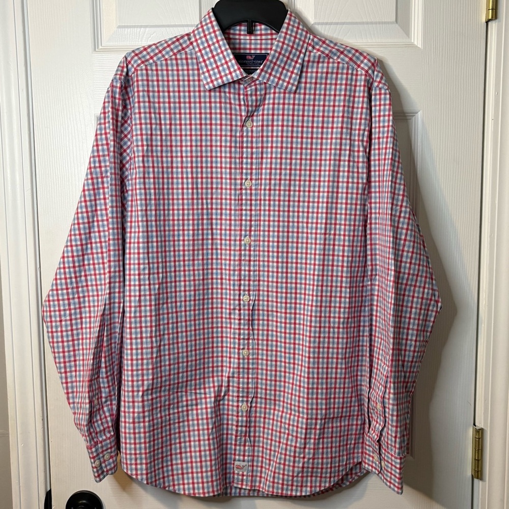 Men's sz L Vineyard Vines Classic Fit Burgee Shirt Long Sleeve Plaid Pink Blue